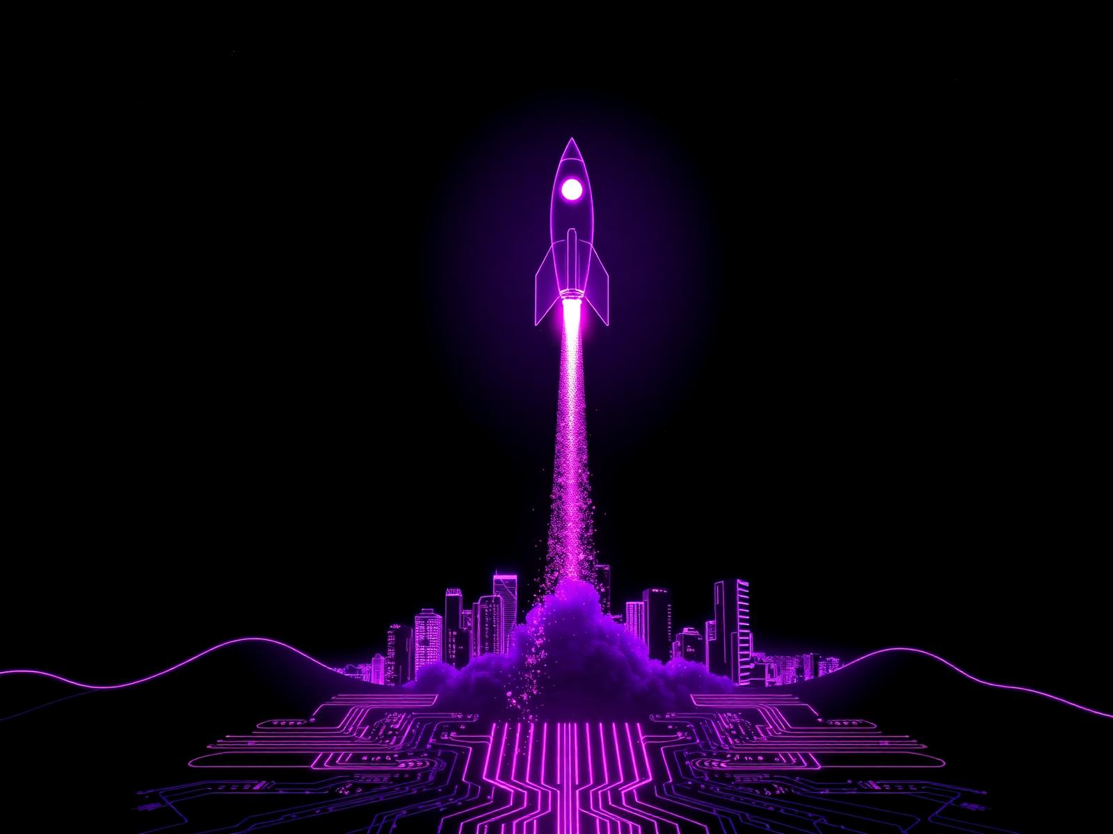 Foguete neon roxo decolando sobre uma placa de circuito representando escala tecnológica